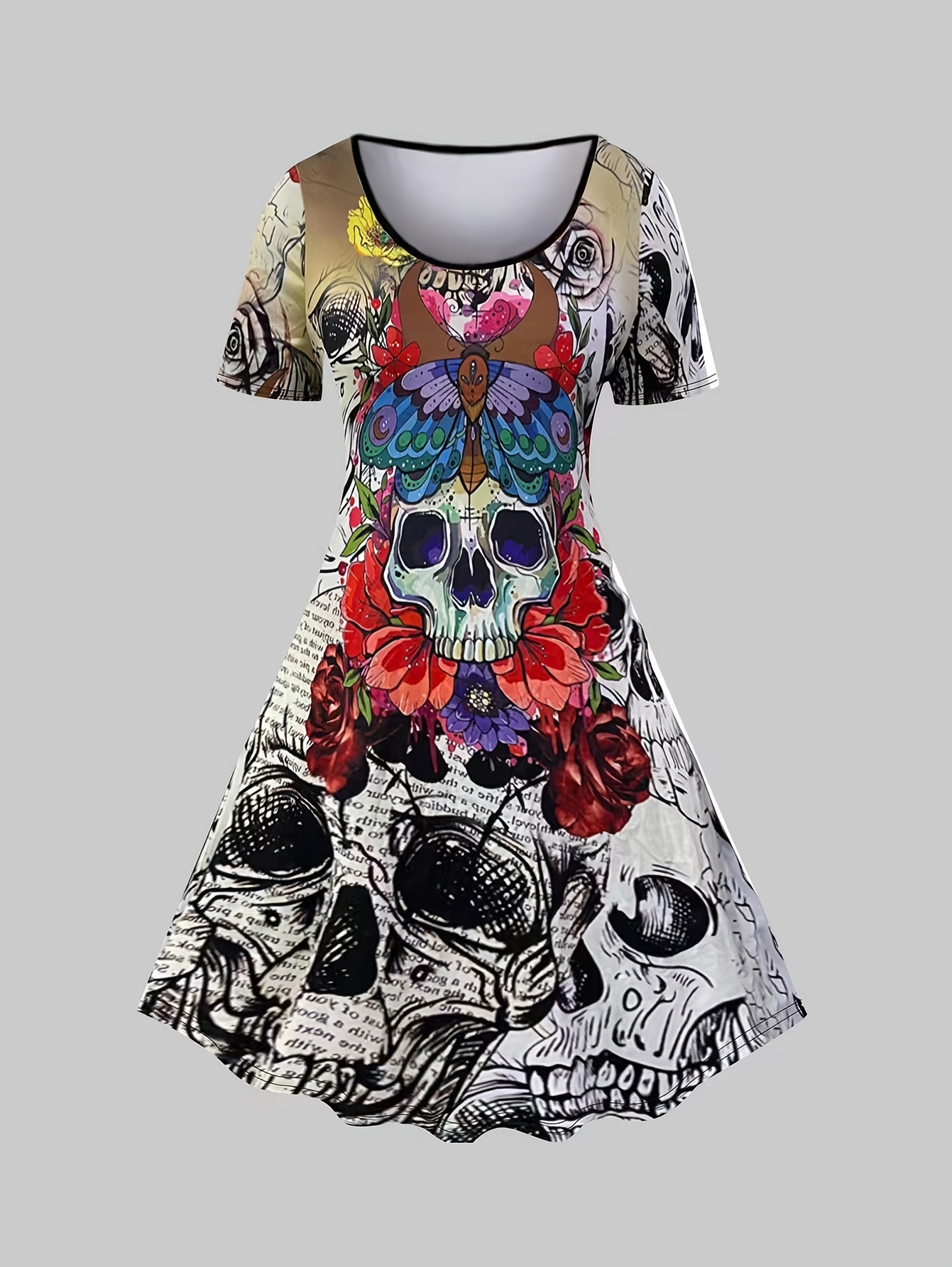 Tæmme Anklage announcer Plus Size Halloween Goth Dress, Women's Plus Skull & Pop Art Print Short  Sleeve Round Neck A-line Dress - Temu