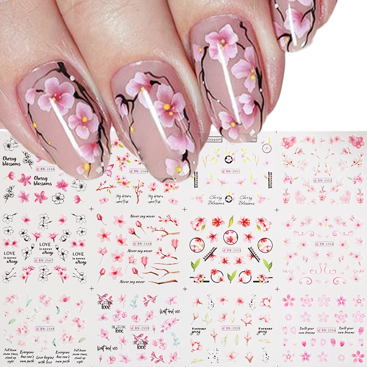 Flower Nail Art Stickers Cherry Blossom 3D Self-Adhesive Nail Decals Spring  Peach Blossom Nail Supplies for Women Girls Sakura Nail Accessories DIY