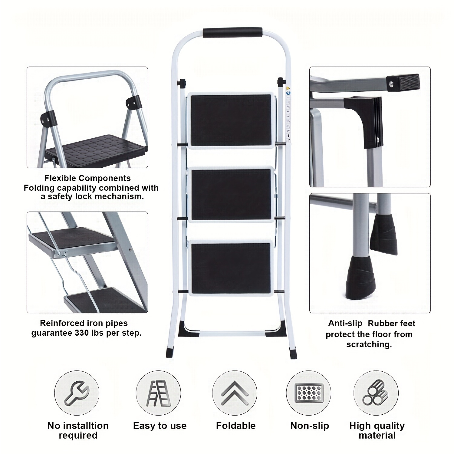 Escalera de 4 escalones plegable y ligera, escalera ligera portátil de  aluminio para uso doméstico y oficina, pedal antideslizante, capacidad de  330