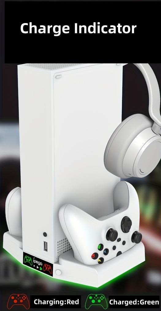 قاعدة تبريد لجهاز Xbox Series S مع محطة شحن للتحكم ومحطة تبريد لـ XSS مع خطاف للسماعات ومقبض للشاحن