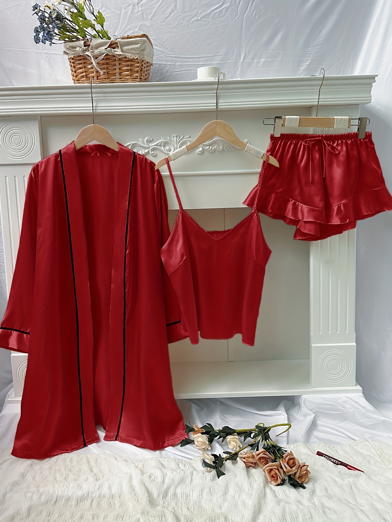 Solid Satin Pajama Set Long Sleeve Robe Belt V Neck Cami Top - Temu Canada