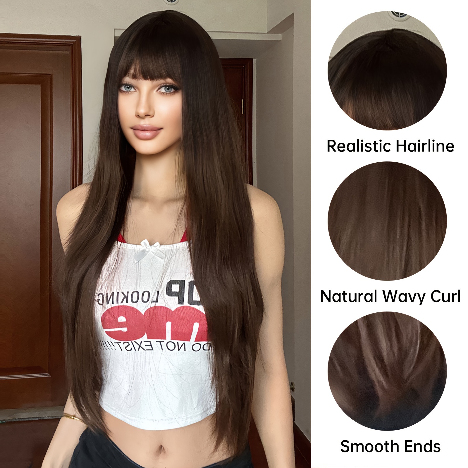 Dark Brown Long Straight Hair Bangs Elegant Beautiful Temu Canada