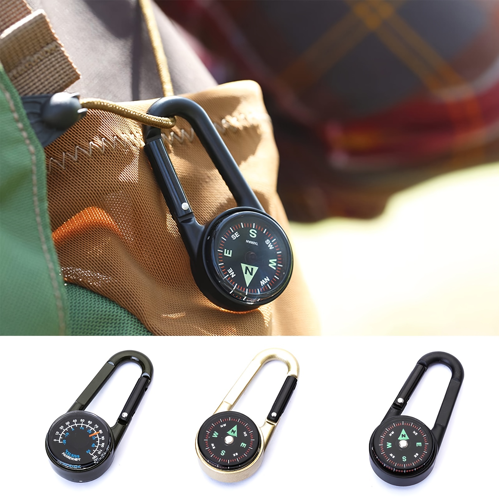 Compass With Carabiner + Multifunction Thermometer Portable Metal Hiking/travel/camping  Compass With Magnifying Lens Professional 3 In 1