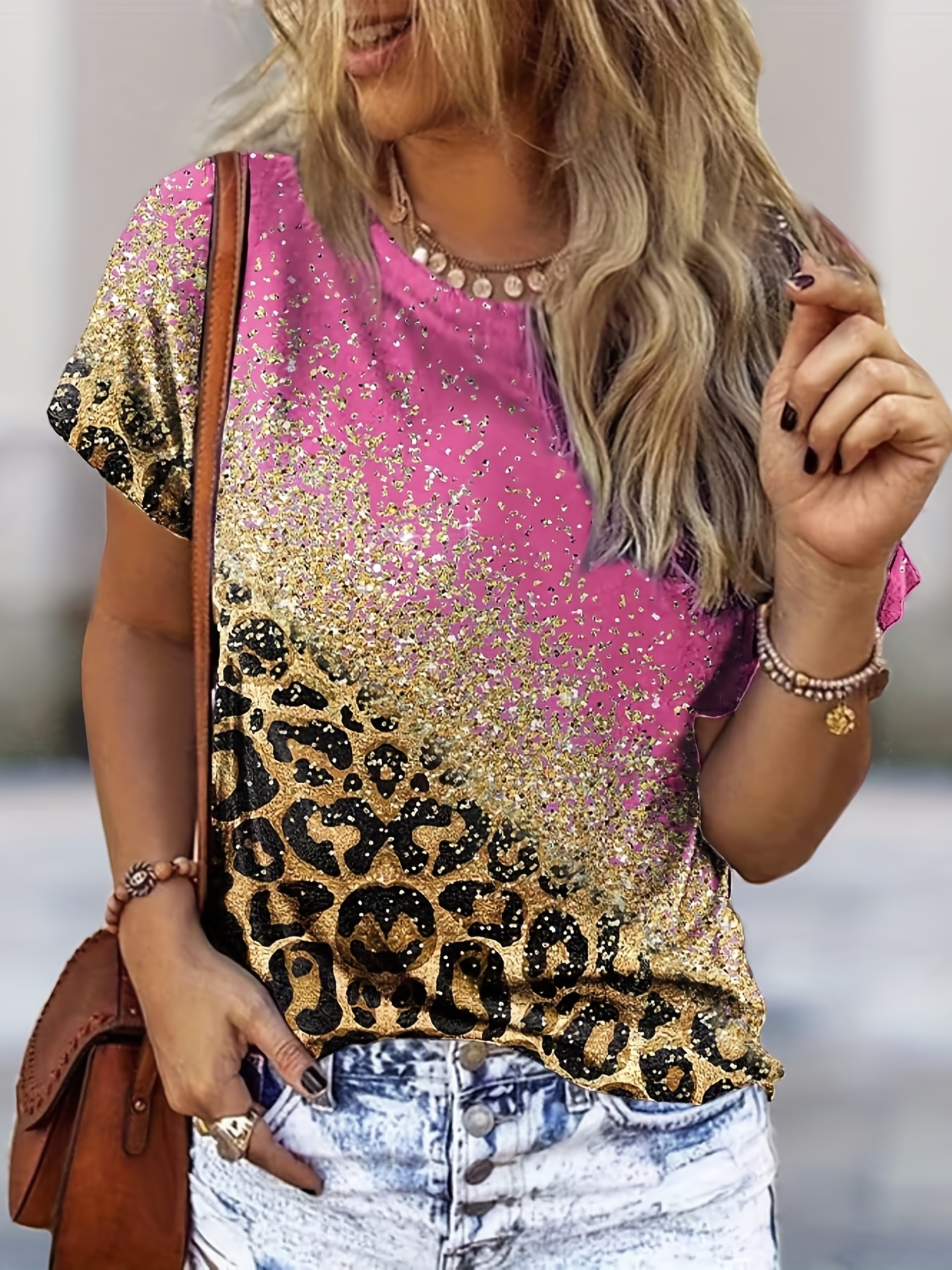 Plus Size Casual T shirt Women's Plus Colorblock Glitter - Temu