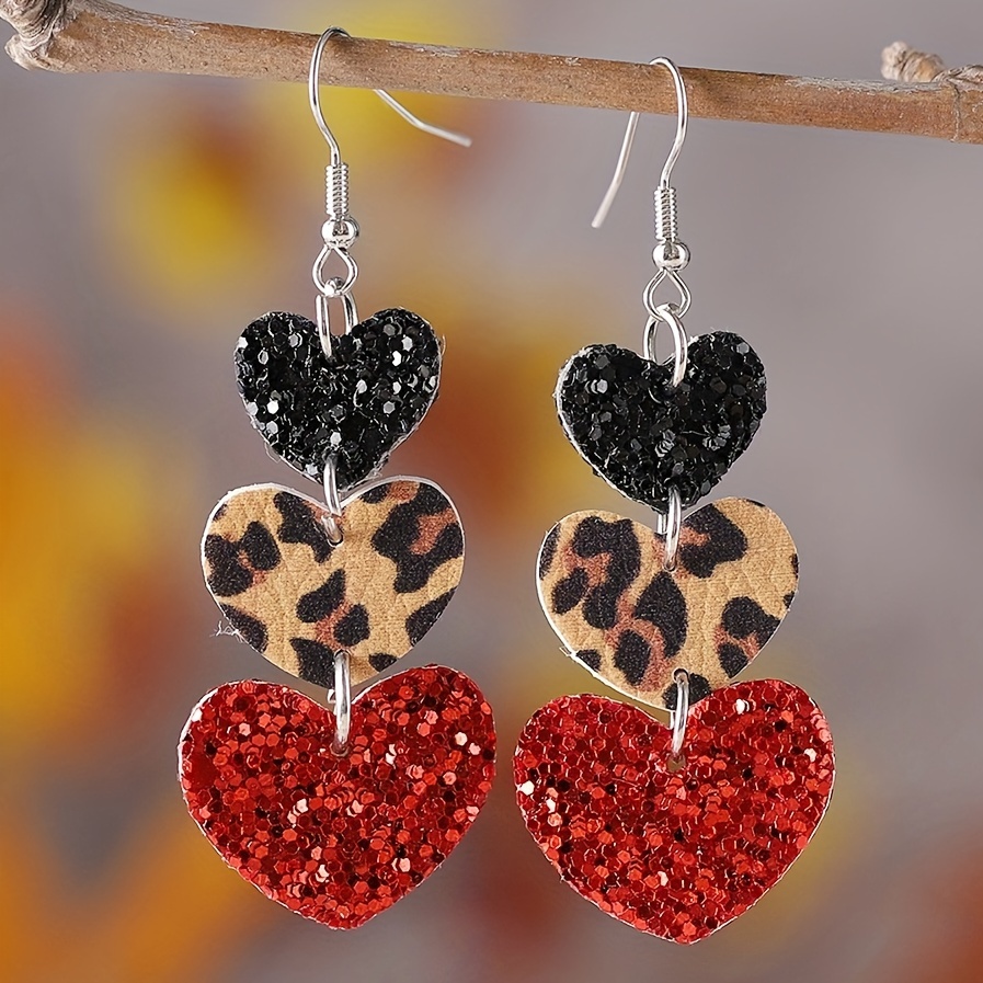heart design leopard pattern bling bling sequins decor dangle earrings pu leather jewelry valentines day gift details 1