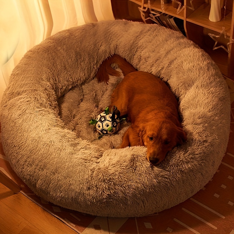 

1pc Long Plush Dog Bed, Large Pet Round Bed, Ped Calming Sleeping Nest, Pet Bed Sofa Cushion