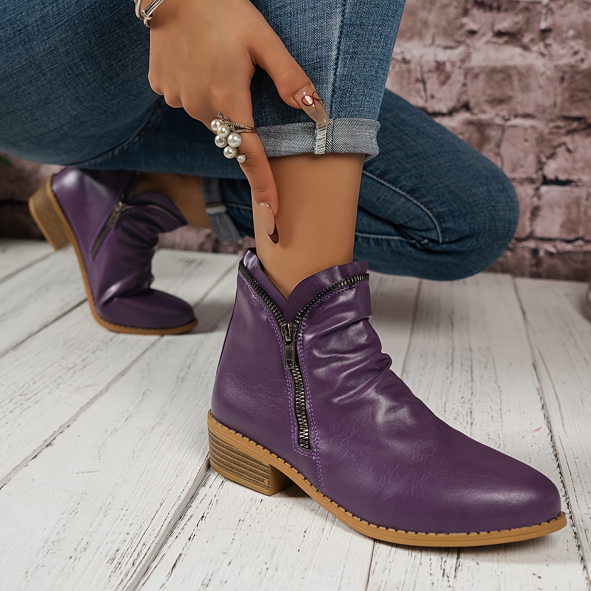 Women's Retro Ruched Ankle Boots, Solid Color Zipper Chunky Heeled Boots,  Casual All-Match Short Boots