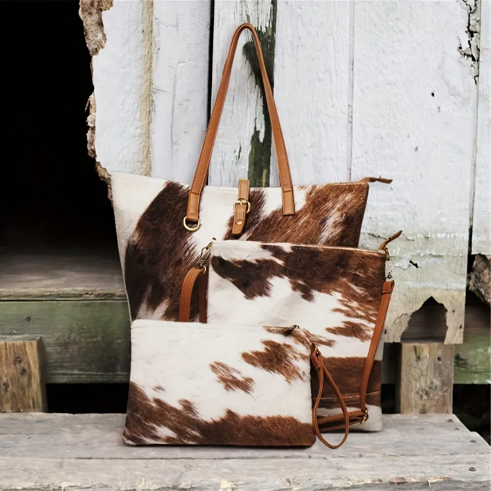 Brown Cow Pattern Bag Set, Women's Classic Shoulder Tote Bag, Classic  Square Crossbdoy Bag And Clutch Pouch - Temu