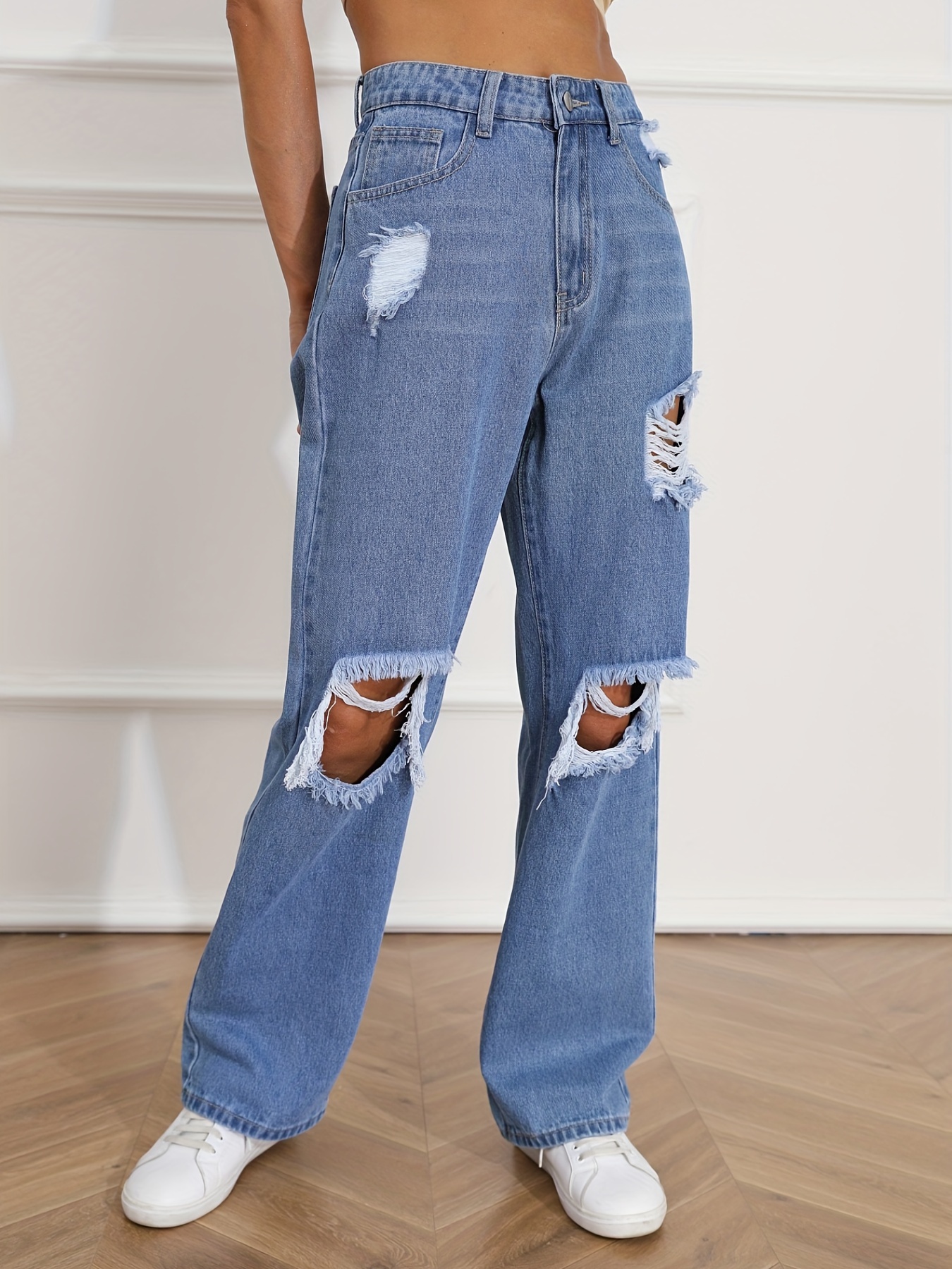 Dark Blue Ripped Straight Jeans, Distressed Loose Fit Slash Pockets Denim  Pants, Women's Denim Jeans & Clothing