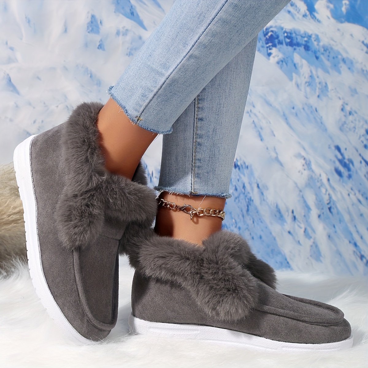Plush Thermal High Top Slip On Ankle Boots, Wear Resistance Non Slip Flat  Fall Winter Keep Warm Snow Boots, Round Toe Faux Fur Fleece Lined Comfortabl