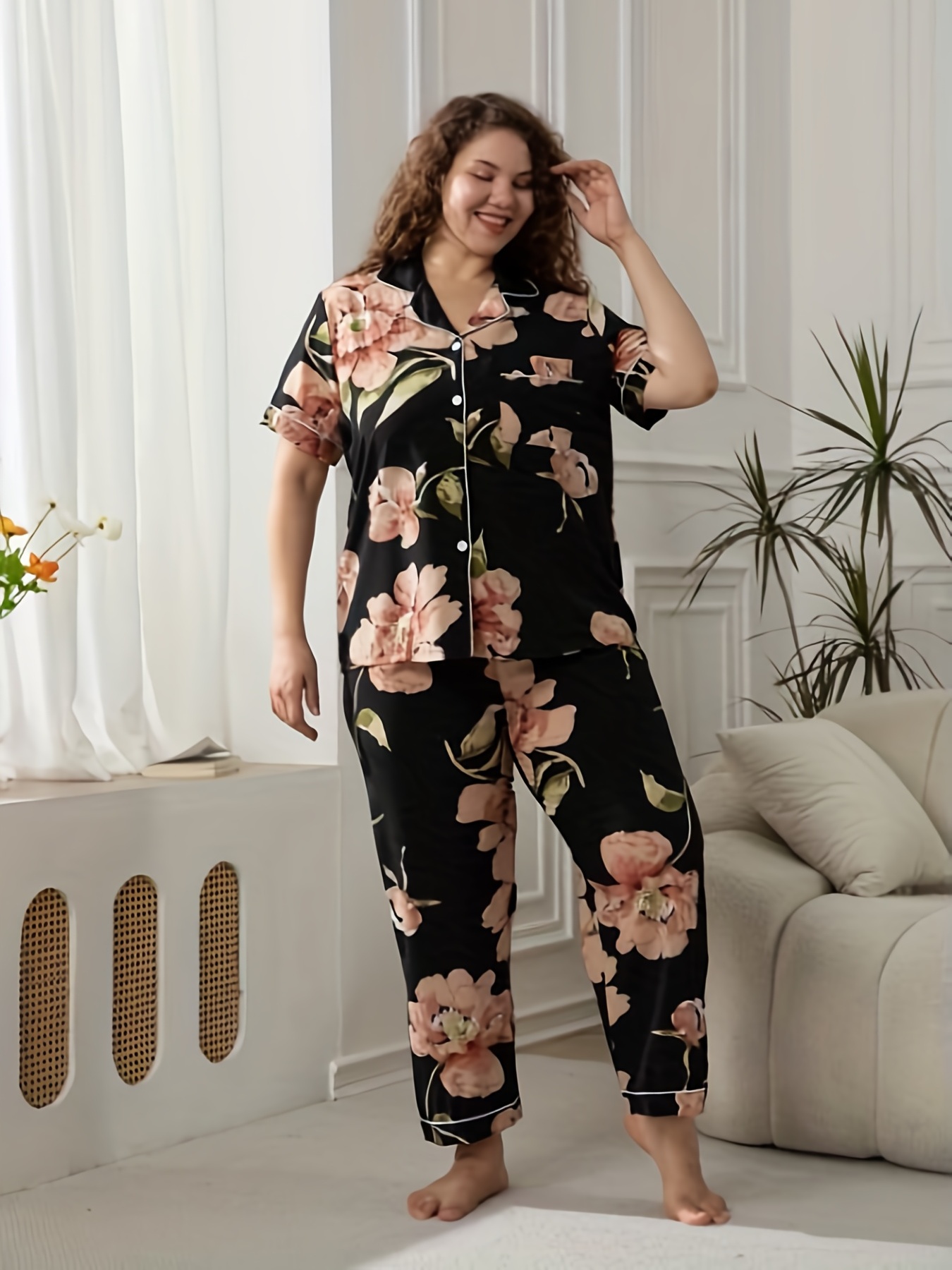 Plus Size Elegant Pajama Set, Women's Plus Floral Print Button Up Short  Sleeve Lapel Collar Pocketed Shirt & Pants Loungewear Two Piece Set