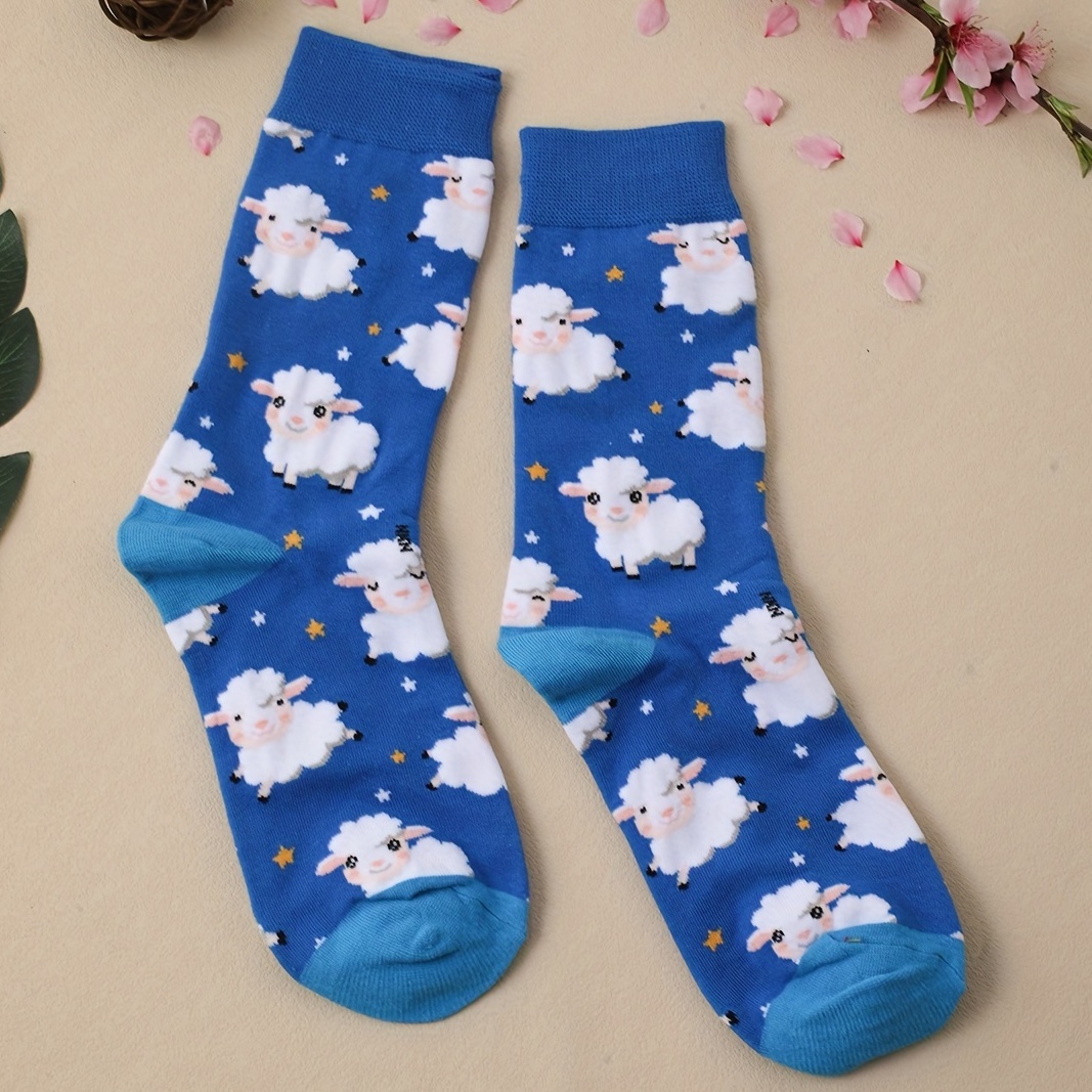 

Eid Al-adha Cartoon Sheep Print Socks, Comfy & Cute Mid Tube Socks, Women's Stockings & Hosiery