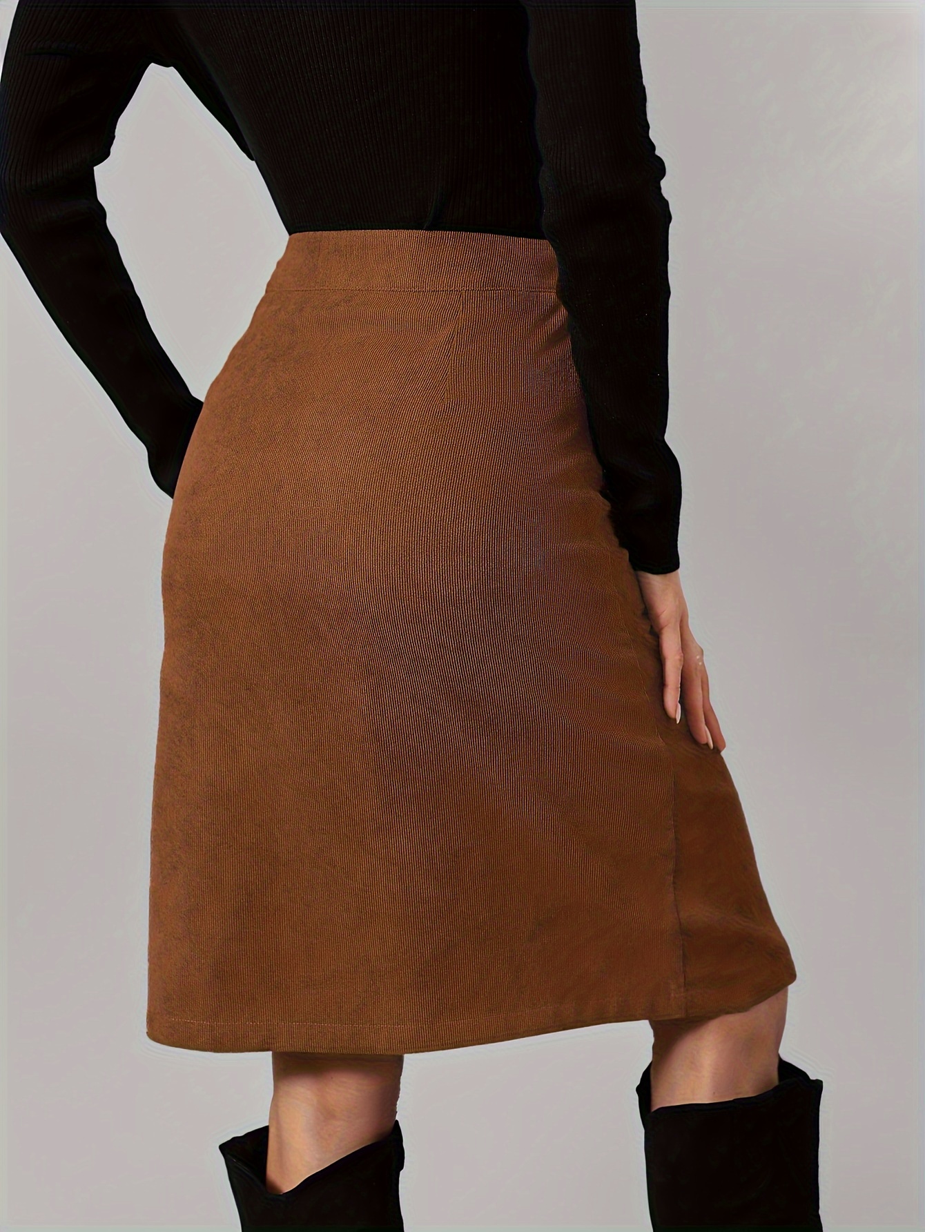 Solid Button Front Corduroy Skirt, Casual High Waist Knee Length Skirt,  Women's Clothing