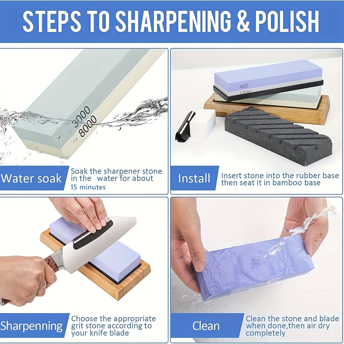 9PCS Knife Sharpening Stone Kit Dual Whetstone 400 1000 3000 8000 Grit  Sharpener