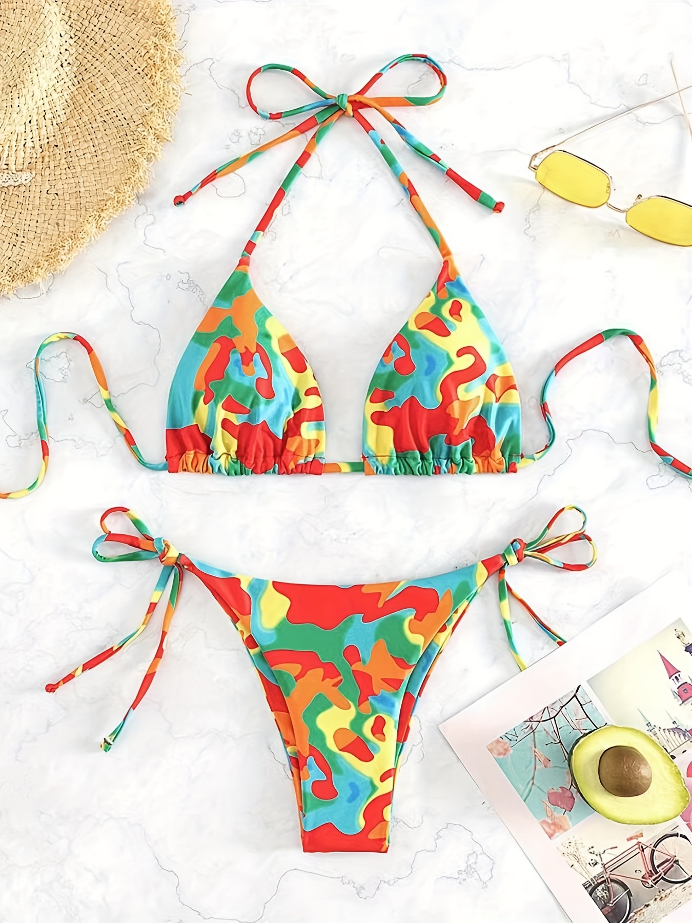 Multi-color Camo Print Halter 2 Piece Set Bikini, Tie Strap Stretchy  Triangle Swimsuits, Women's Swimwear & Clothing