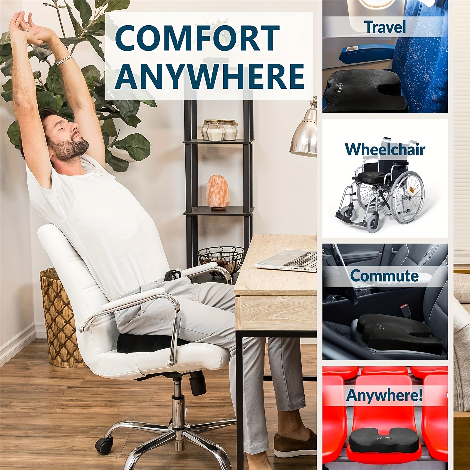 Memory Foam Office Chair Cushion For All-day Sitting, Seat Cushion, Chair  Pad For Car Seat, Wheelchair And Desk Chair,tailbone And Sciatica Pain  Relief Cushion - Temu