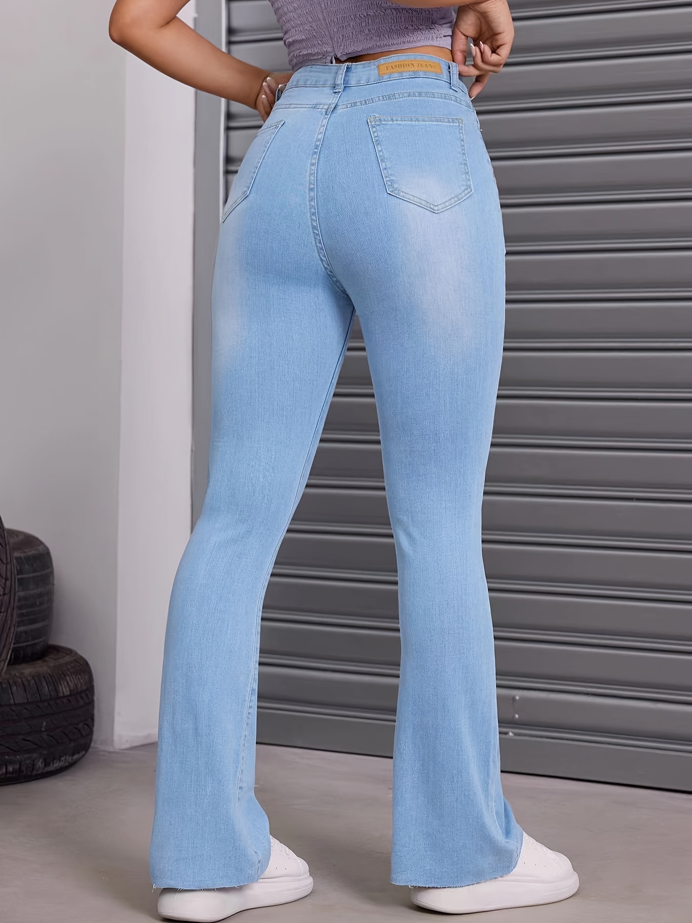 Blue High stretch Bootcut Jeans Slant Pockets Slim Fit - Temu Canada