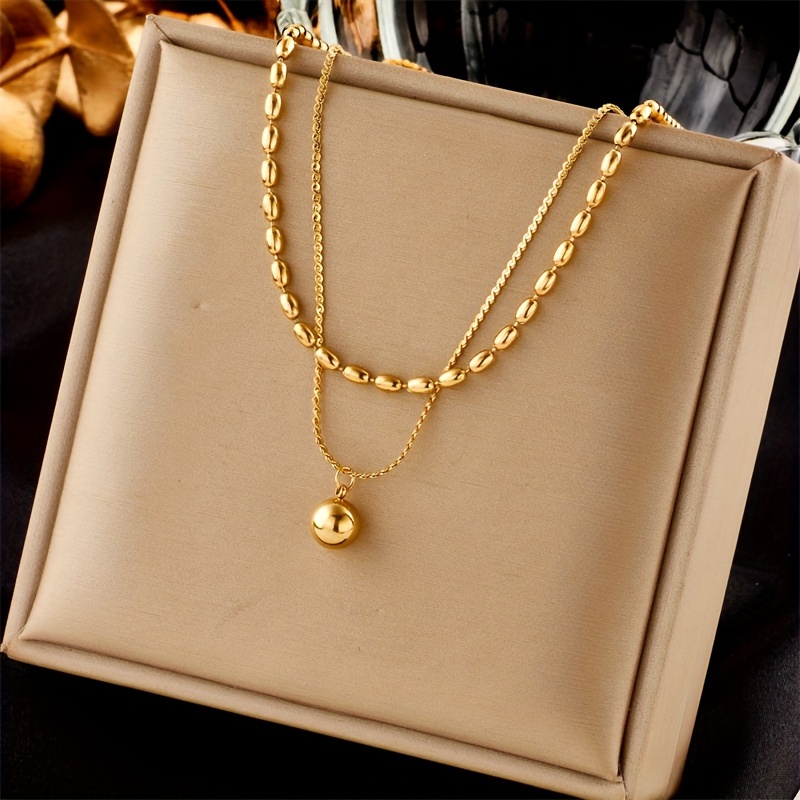 

Fashionable Stainless Steel Ball Pendant Necklace, Double Layer Gold Plated Chain Jewelry For Men Women