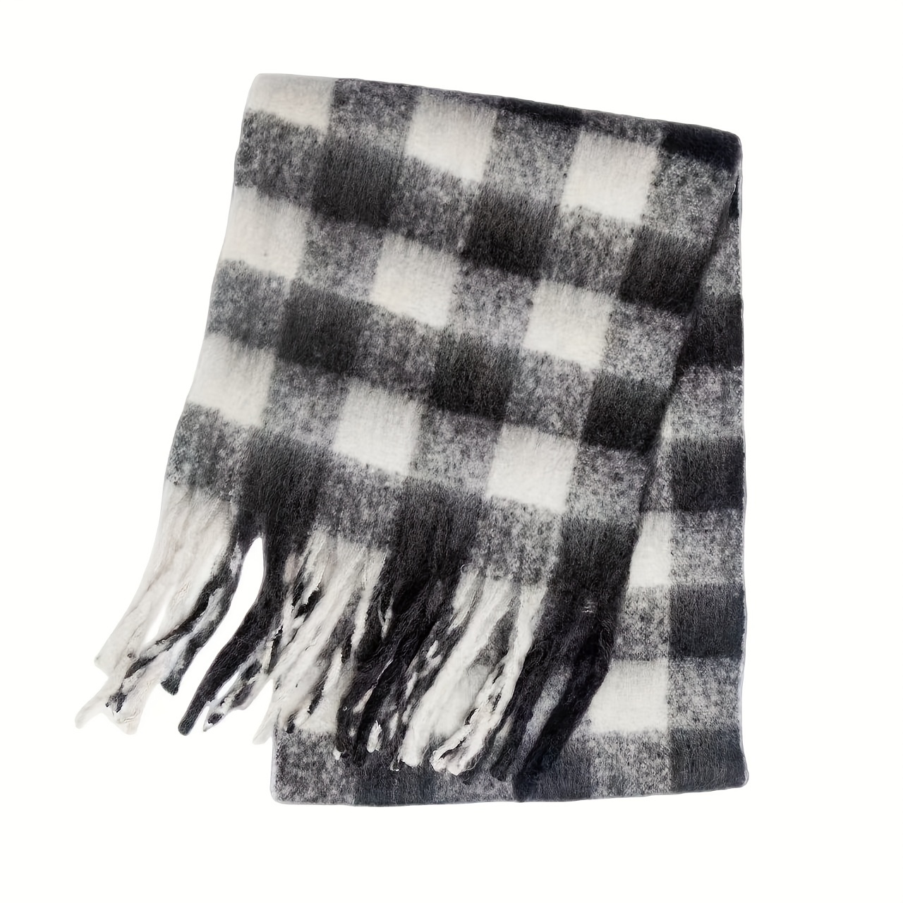 Temu Boho Contrast Color Striped Chunky Scarf Ladies Mohair Thickened Warm Tassel Long Scarf Autumn Winter Versatile Coldproof Daily Wear Wrapped Neck