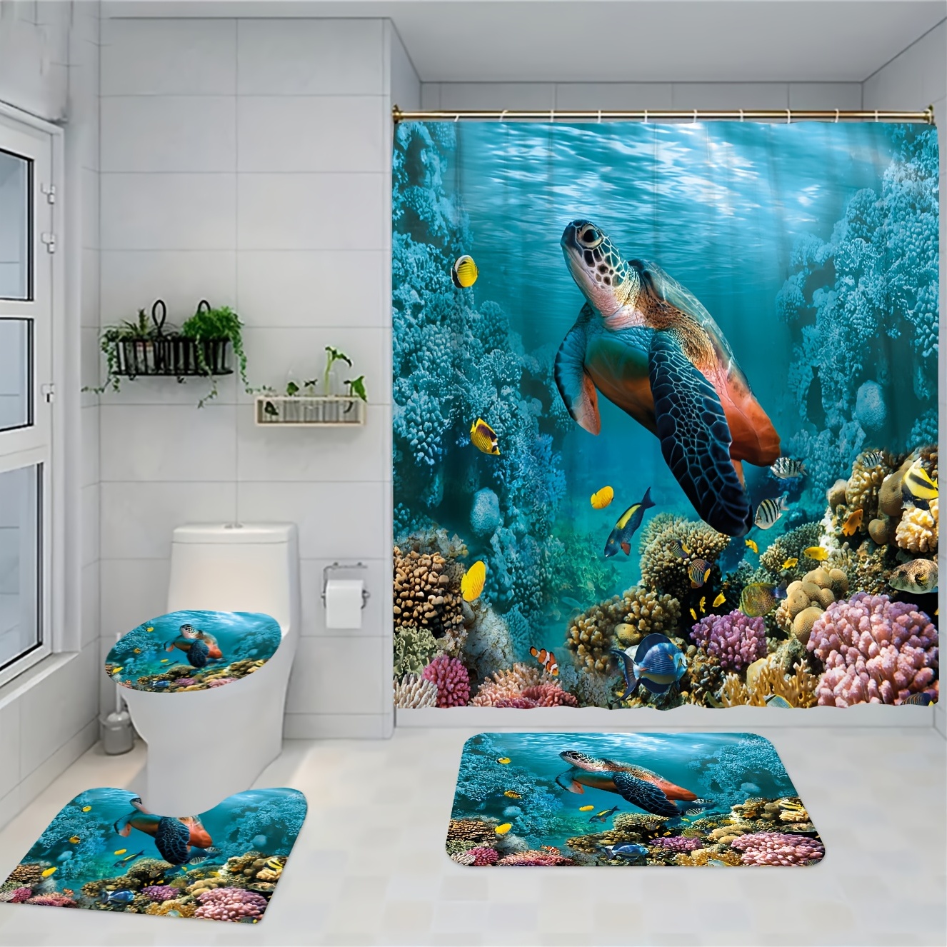 Coral Fish Shower Curtain Set Blue Ocean Undersea World - Temu
