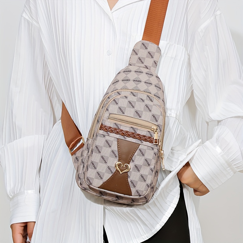 Retro Checkerboard Pattern Sling Bag, Heart Decor Chest Bag, Multi