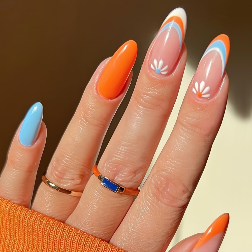 Glossy Almond Press On Nails French Tip False Nails