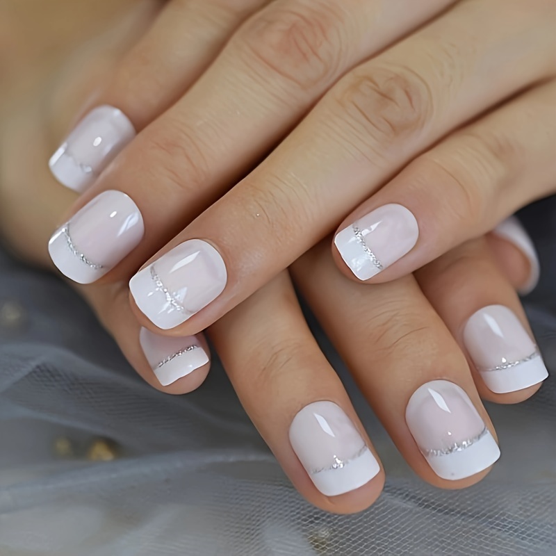 

24pcs/set Square Press On Nails Short Pale White French Tip Fake Nails Glossy Acrylic Nails With Slivery Stripe Design Nude Pinkish Full Cover Glue On Nails For Women Girls Manicure Decorations