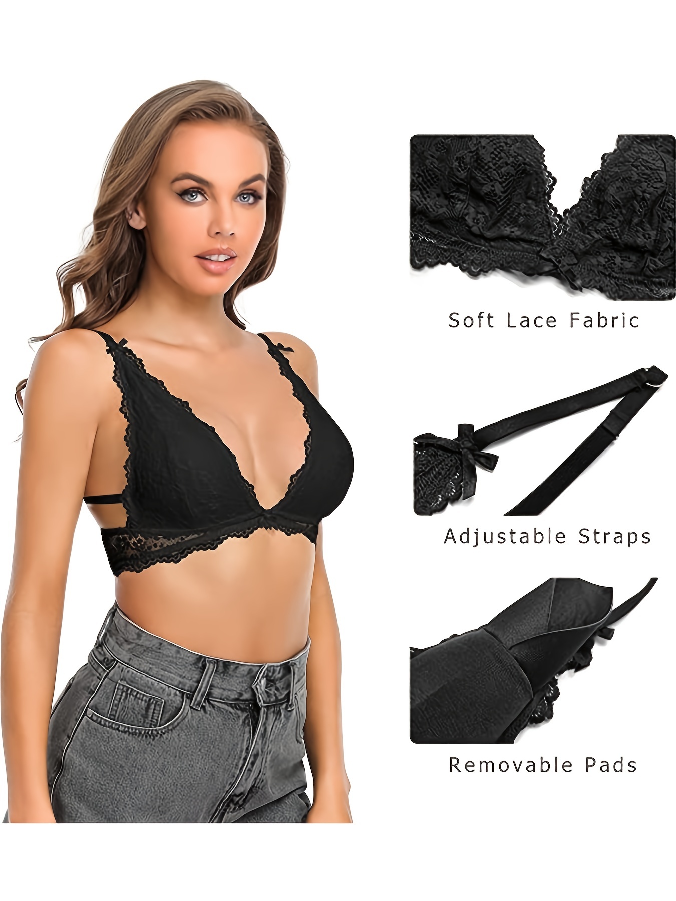 Women Sexy Lace Bralettes Adjustable Strap V Neck Everyday Bra Comfort Bra  with Removable Pads
