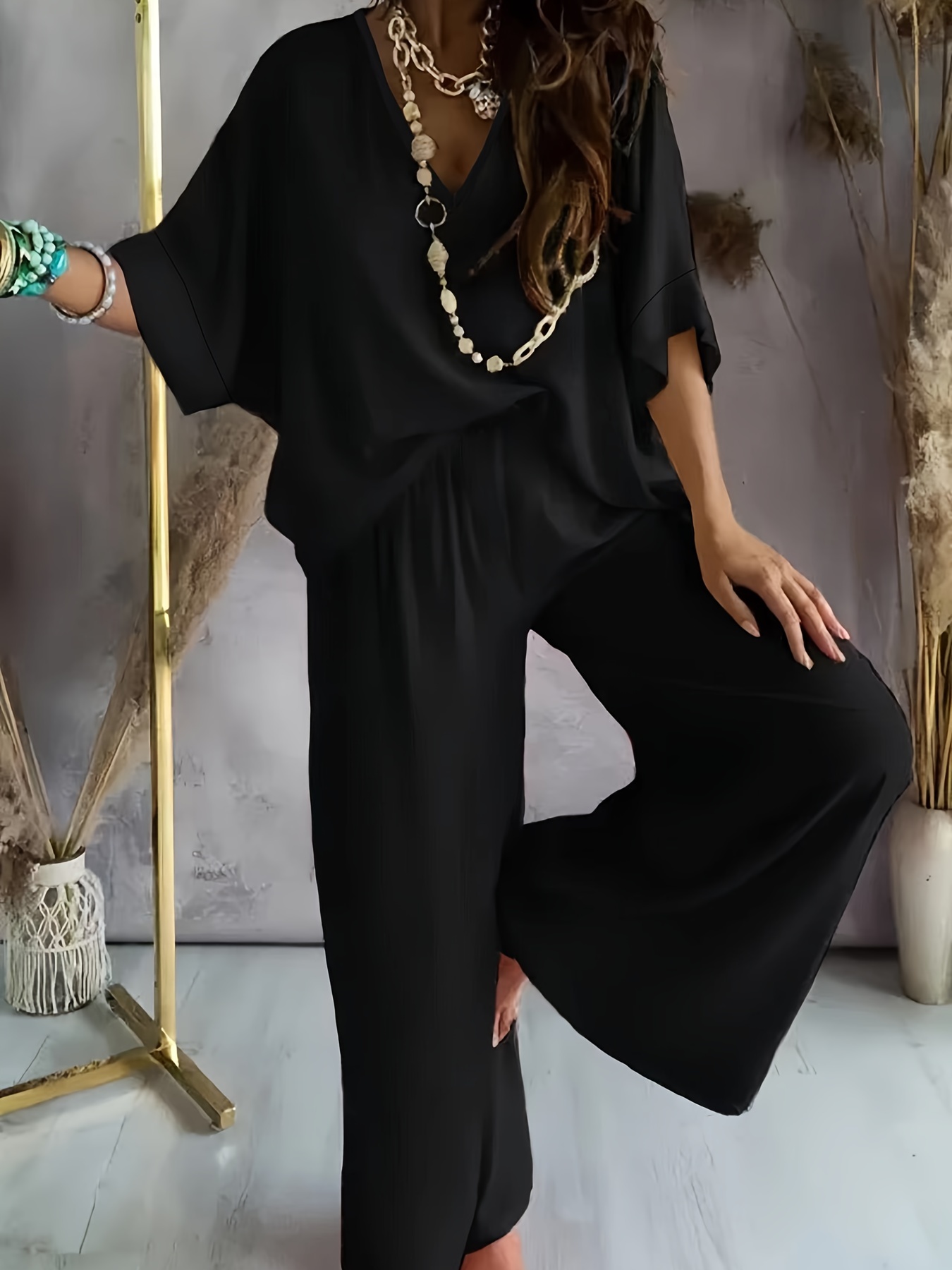 NEW Women Fashion O Neck Short Sleeves Solid Casual Long Wide Leg