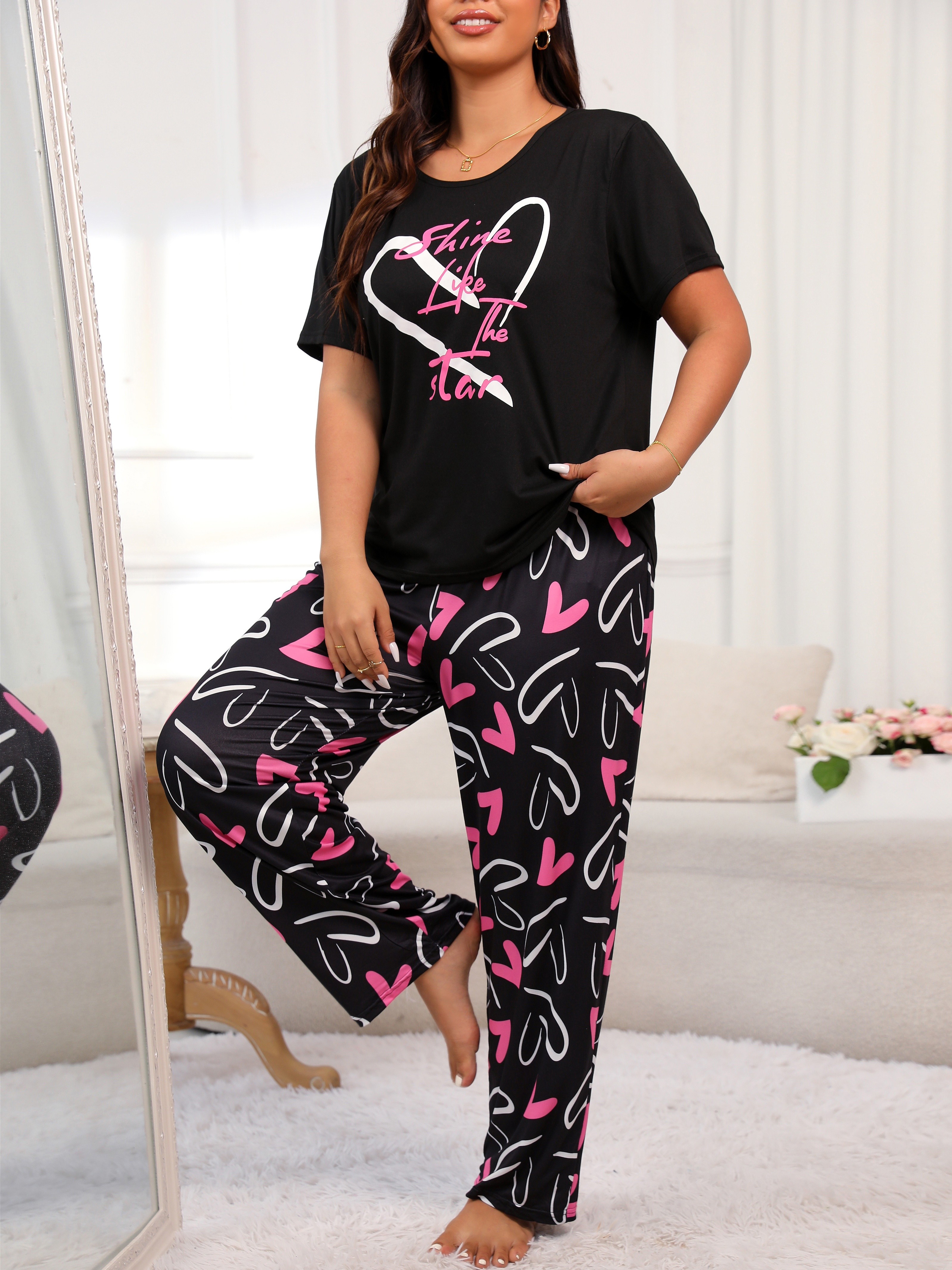 Plus Size Trendy Pajamas Set, Women's Plus Heart & Art Letter Print Short  Sleeve Tee & Pants Home Wear Two Piece Set