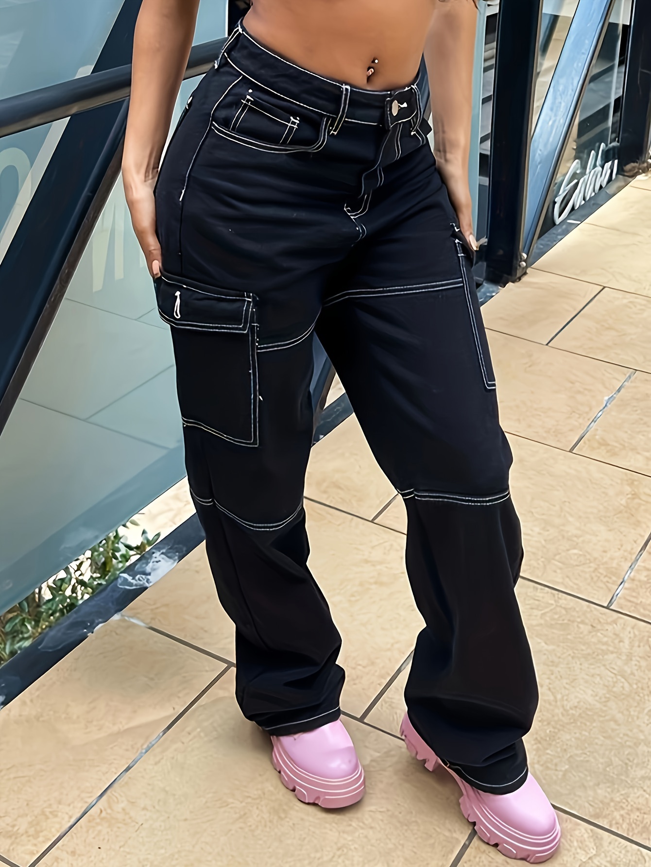 Pantalones de cintura alta lisos, pantalones vaqueros rectos de estilo Y2K  y Kpop con bolsillos de solapa sueltos, jeans de mujer y ropa de mezclilla