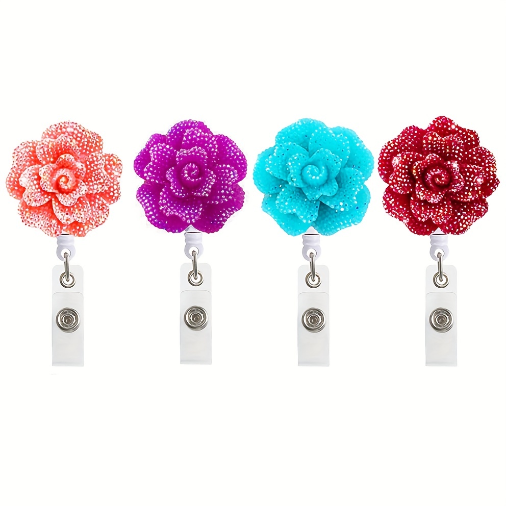 Resin Shiny Flower Retractable Name Badge Reel with Revolving Alligator Clip 3D Rose Bling Rhinestone Rotating ID Buckle Nurse Scroll Badge Easy