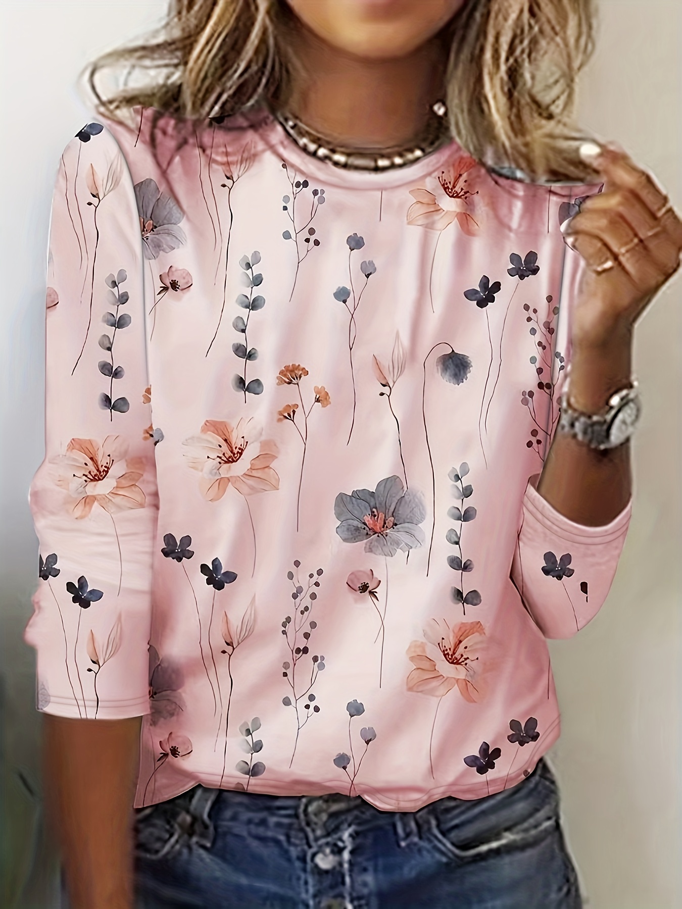 Camiseta de gola redonda com estampa floral, camiseta casual de manga comprida para primavera e outono, roupas femininas
