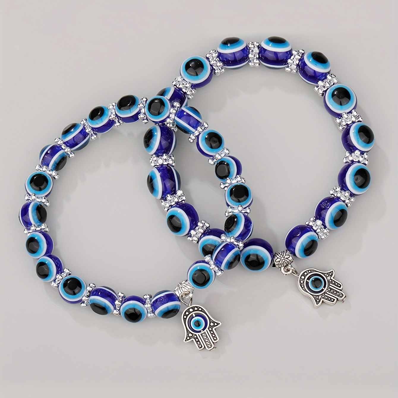 

2pcs/set 8mm/10mm Resin Blue Evil's Eye Elastic Palm Pendant Bracelet, Lucky Bracelet For Protection & Blessing