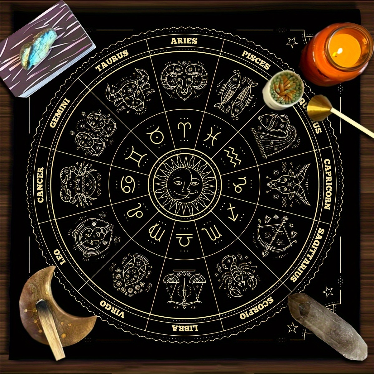 1pc Tarot Card Tablecloth Wheel Of The Zodiac Astrology Chart Sun Altar Cloth Board Game Card Pad Decor Room Decor Divination Witchcraft Astrolog