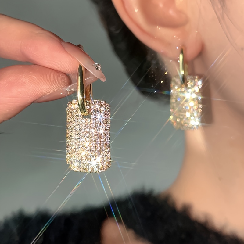 

Rectangle Shape Full Shiny Rhinestone Inlaid Dangle Earrings Elegant Luxury Style Banquet Ear Ornaments
