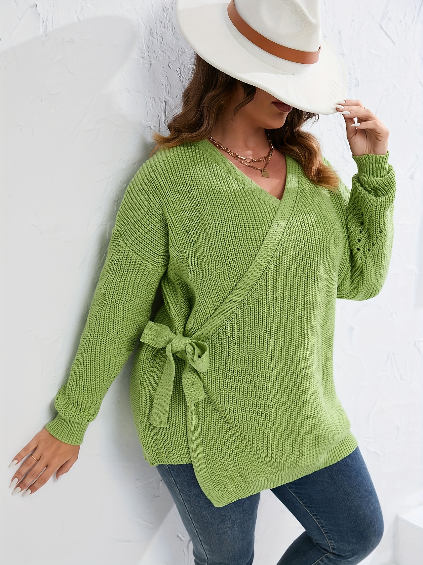 Pull cache-cœur ceinturé en tricot côtelé à col en V de grande taille, pull  décontracté légèrement extensible pour femme
