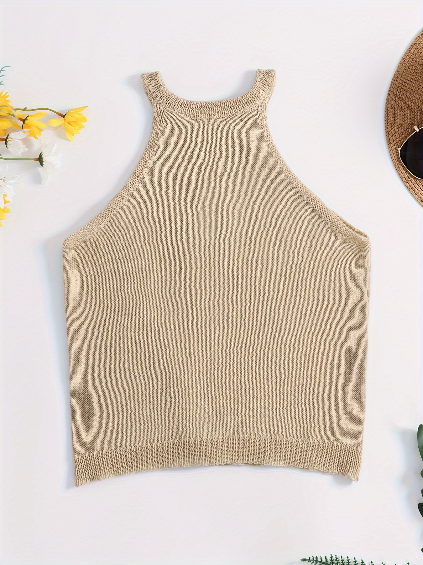 Brown Knit Crop Top - Keyhole Halter Top - Basic Top