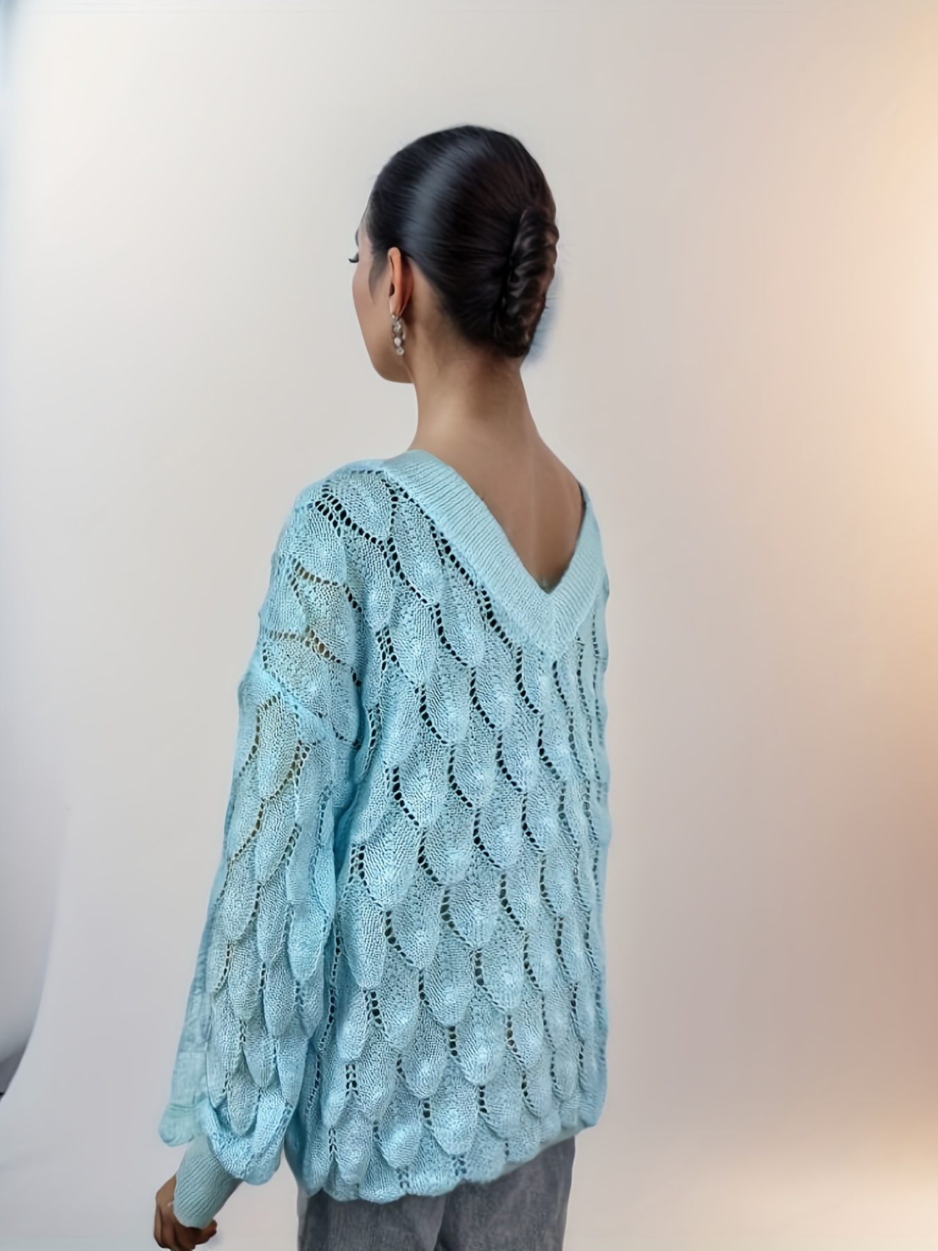Feather Pattern V Neck Pointelle Knit Sweater Elegant Long - Temu