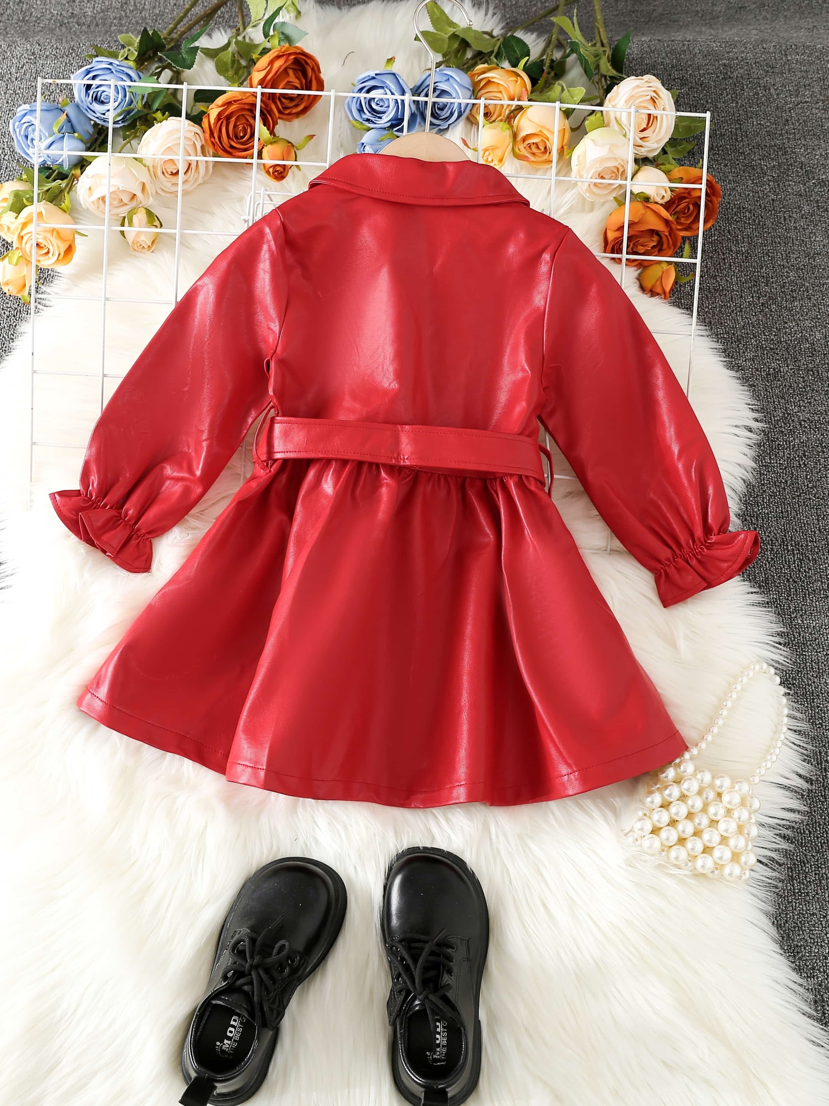baby girls long sleeve ruffle pu leather dress lapel button Temu