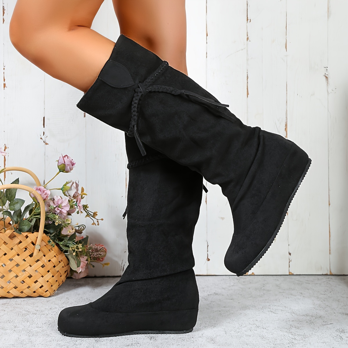 Botas Largas de Talla para Mujer con Cuña Negra y Cómodas para  con Punta Redonda y de Goma, Diseño Elegante co