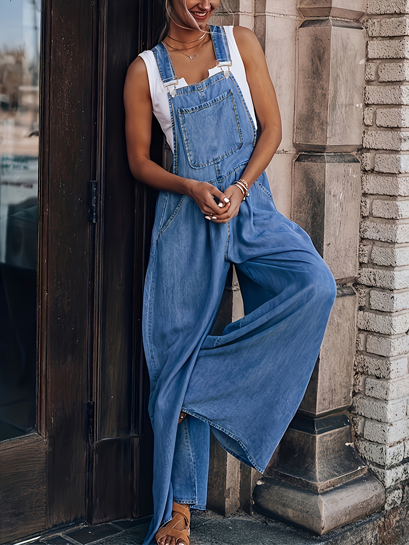 Loose Side Pocket Sleeveless Denim Jumpsuits, Casual Adjustable