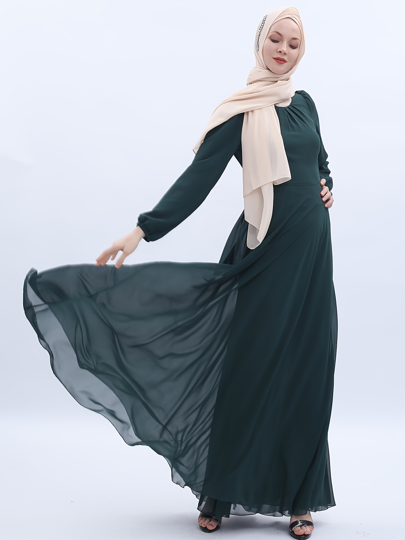 Elegant Solid Modest Dress Long Sleeve Crew Neck Dress - Temu