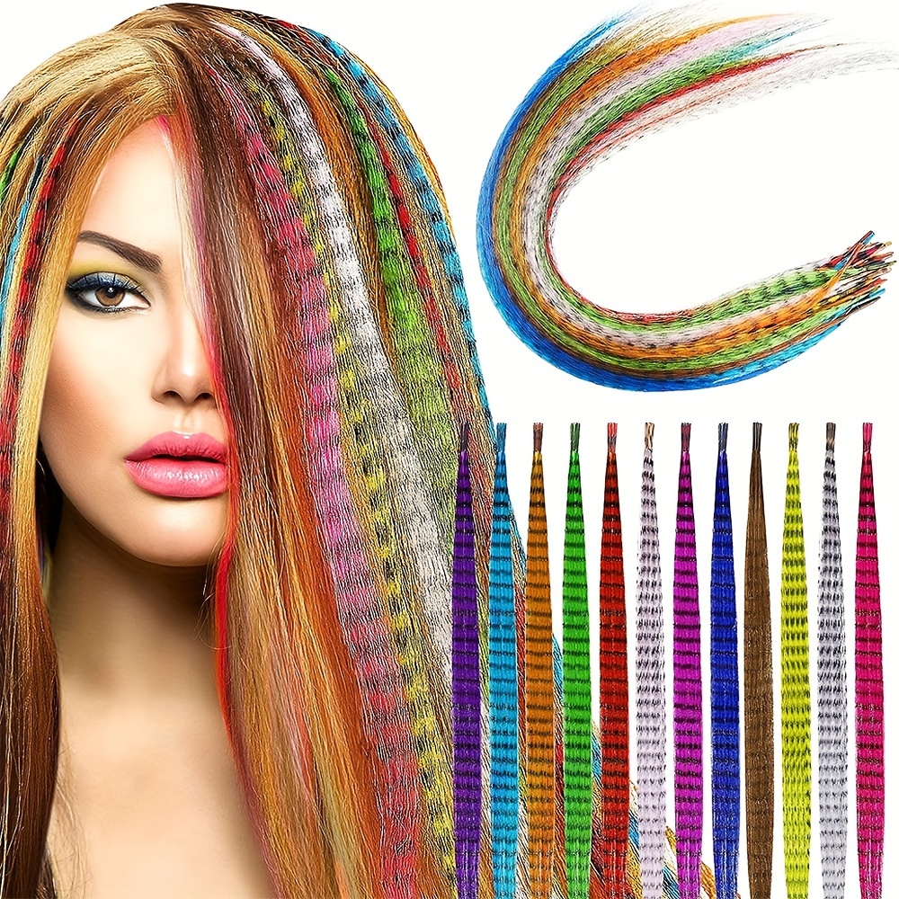 19 Pcs Hair Feathers with Hair Extension Tools, 10 Colors Long Straight Synthetic Hair Feather Extensions Kit with Microlink Beads for Women Girls