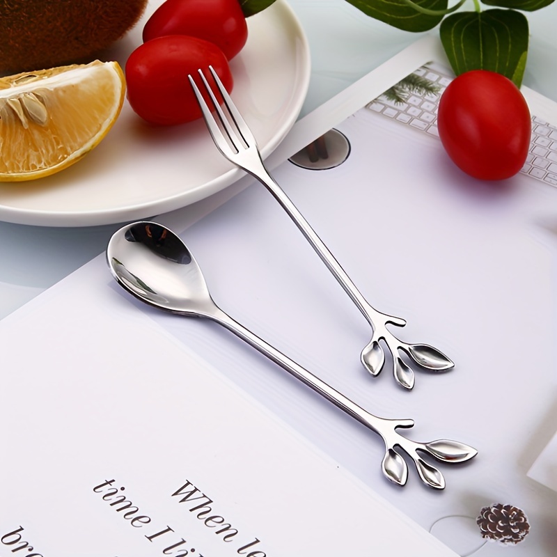 1pc Stainless Steel Branch Spoon Leaf Spoon Stainless Steel Fork Fruit Fork Cake