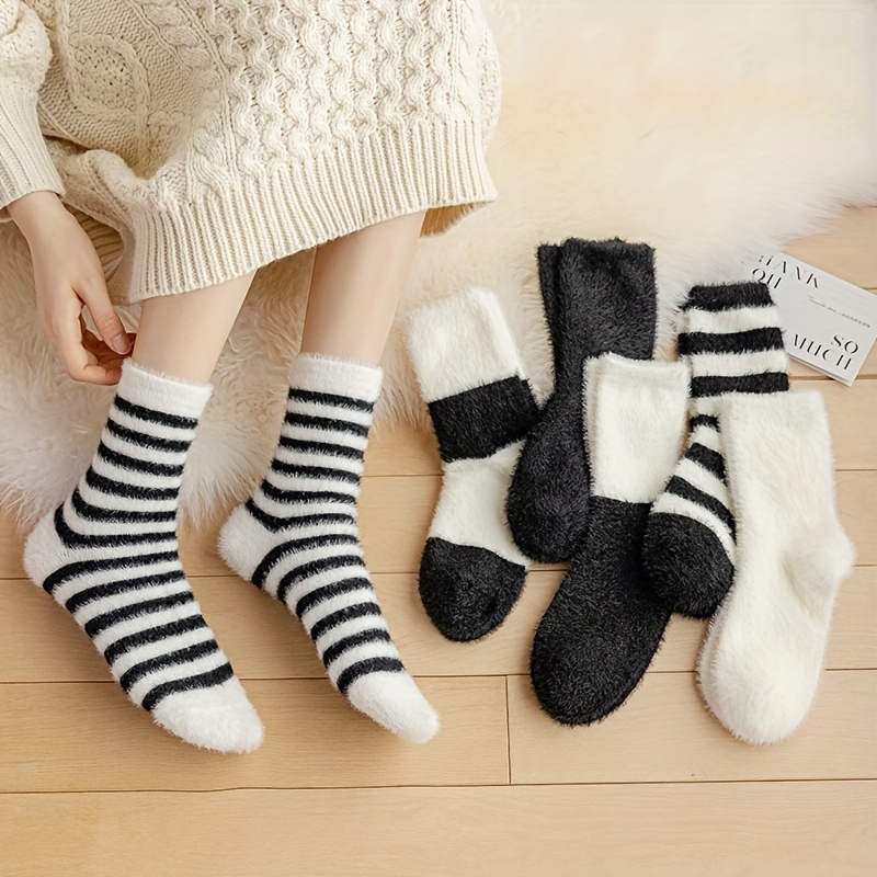 Black White Fuzzy Socks Comfy Warm Tube Socks Women's - Temu
