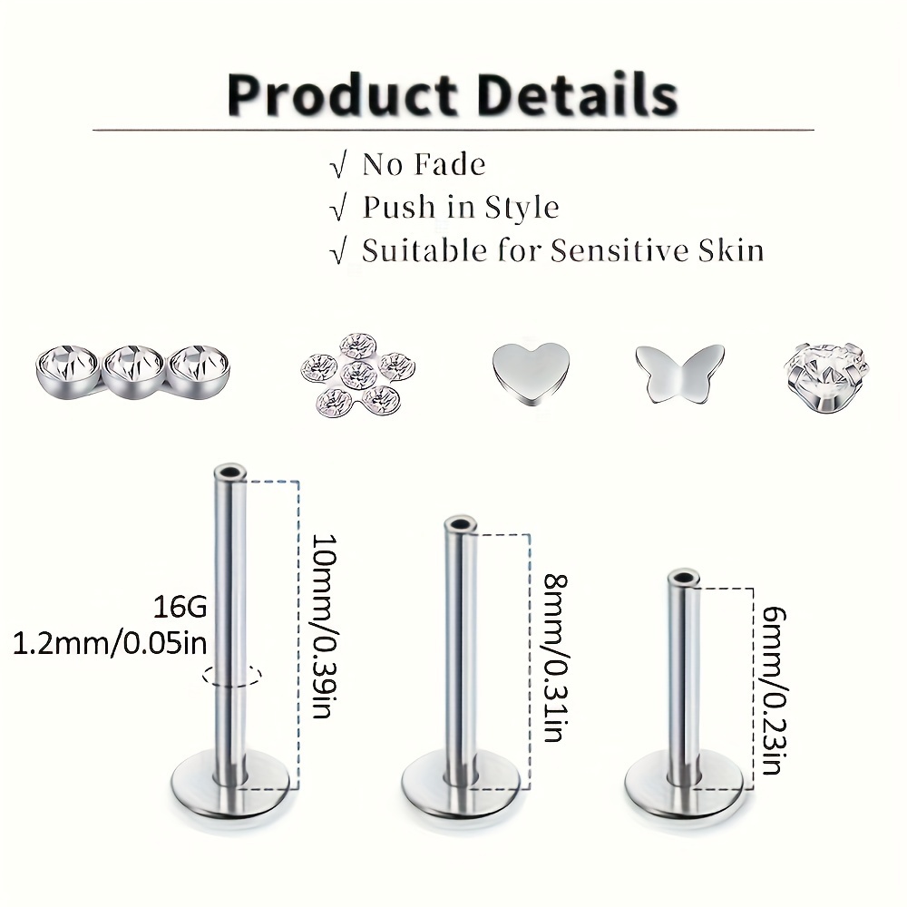 5pcs Threadless Push-In Nose Stud & Ear Stud Set