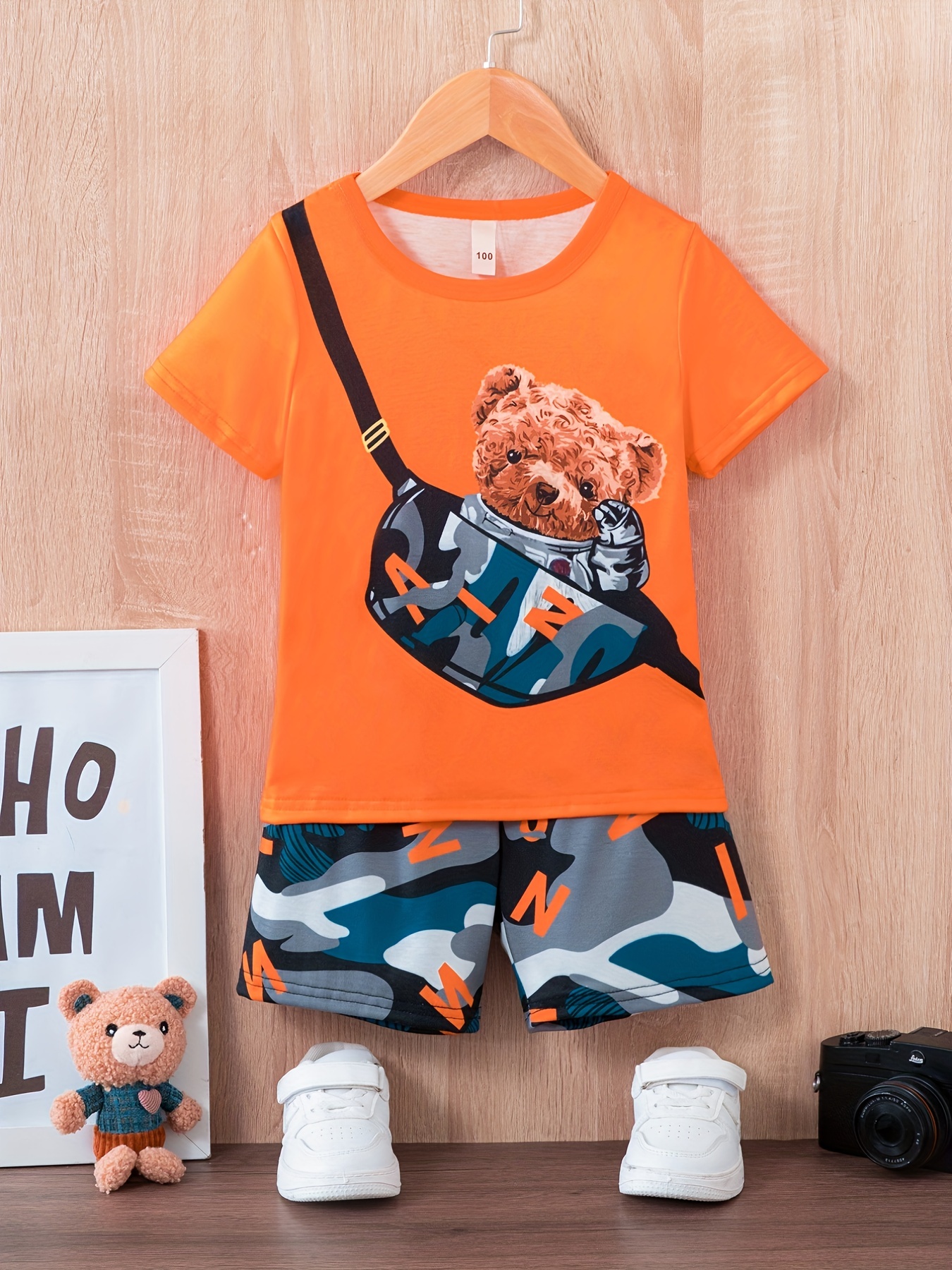 Boys Casual T Shirt With Crossbody Bag Print Shorts Set For Summer