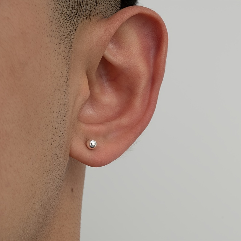 Silver Small Round Bead Stud Earrings for Men