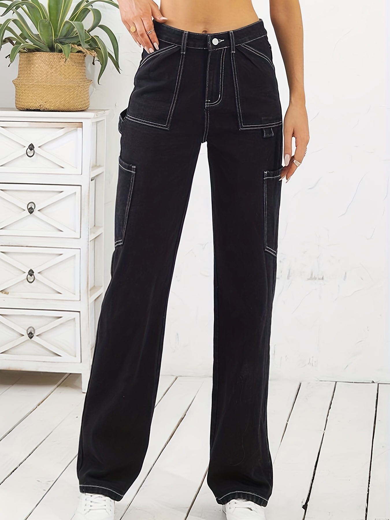 Stylish Women Cargo Pants High Waist Black Pants Button Pockets Design  Gothic Style Trousers Solid Color Long Trouser Plus Size